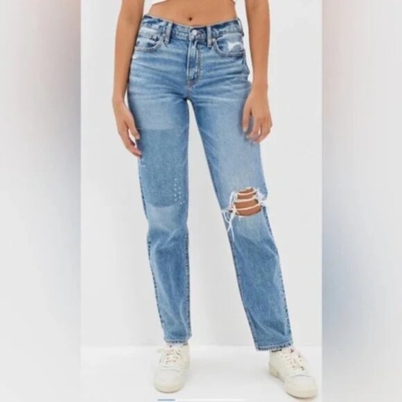 American Eagle 90s Straight Jeans Distressed Embroidered 2 Short - Picture 1 of 10